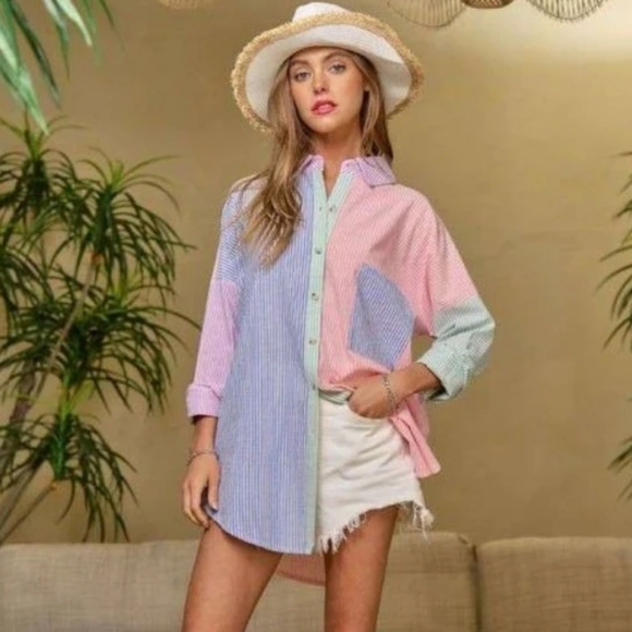 Multi Color Stripe Button Down Top - Picture 4 of 6